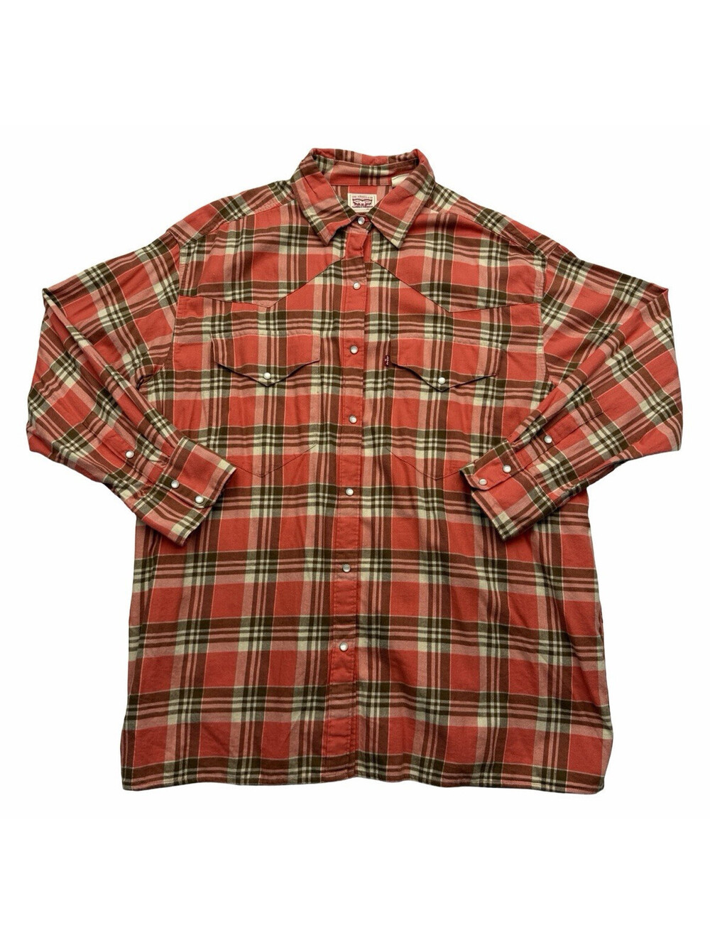 Levi's Men's Snap Button Long Sleeve Western Shirt Plaid Coral Size L